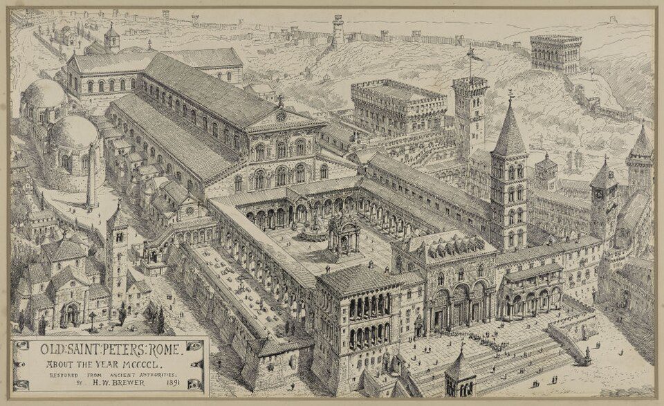 Gravura histórica da Antiga Basílica de São Pedro em Roma por volta do ano 1500, mostrando arquitetura medieval antes da construção da basílica atual, por H.W. Brewer