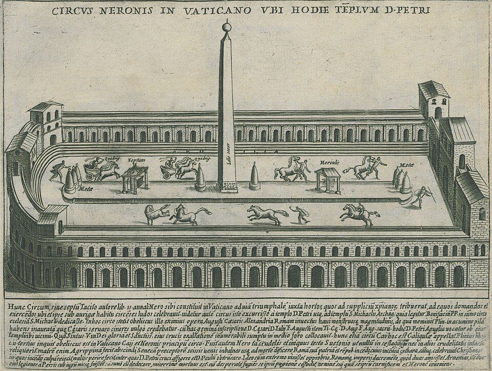 Gravura histórica do Circo de Nero no Vaticano mostrando obelisco, corridas de bigas e estrutura do circo romano onde hoje está a Basílica de São Pedro