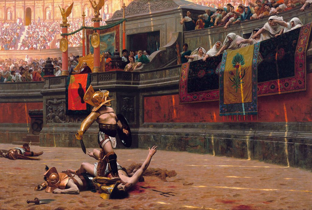 Pintura histórica de combate de gladiadores no Coliseu com vencedor em armadura dourada, oponente caído e multidão observando, Roma Antiga