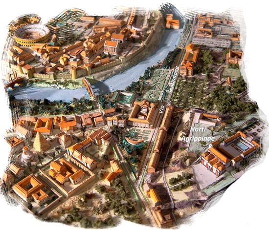 Mapa de reconstrução da Roma Antiga mostrando o Rio Tibre, Horti Agrippinae, edifícios imperiais e estrutura urbana da cidade romana