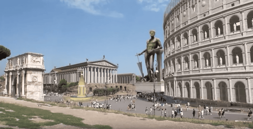 Reconstrução da Roma Antiga mostrando Coliseu, Arco de Constantino e Colosso de Nero, como era a cidade imperial romana