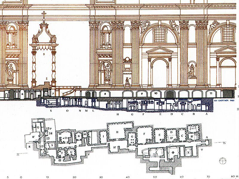 Planta baixa e corte transversal arquitetônico da Basílica de São Pedro no Vaticano mostrando estrutura interna, nave, colunas e layout detalhado por Kai Gaertner