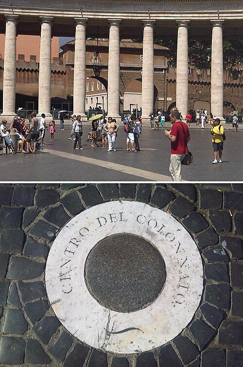 Praça de São Pedro no Vaticano com turistas e detalhe do disco de mármore no chão com a inscrição "Centro del Colonnato"