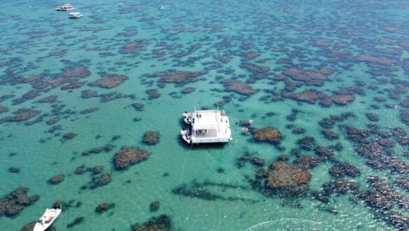 Parrachos de Maracajau em Natal RN - Vista aérea de barco turístico em águas cristalinas com recifes de coral visíveis
