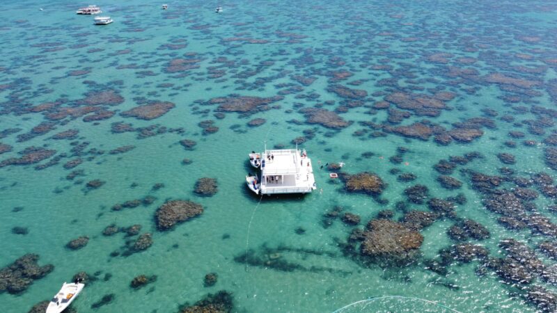 Parrachos de Maracajau em Natal RN - Vista aérea de barco turístico em águas cristalinas com recifes de coral visíveis