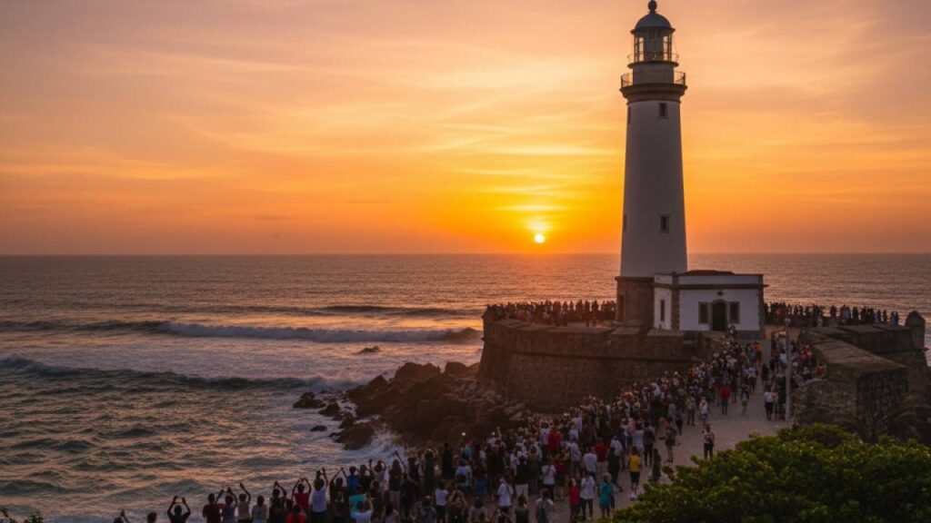 Farol da Barra em Salvador Bahia durante o pôr do sol dourado, com multidão de turistas e visitantes no Forte de Santo Antônio da Barra, mar e céu alaranjado