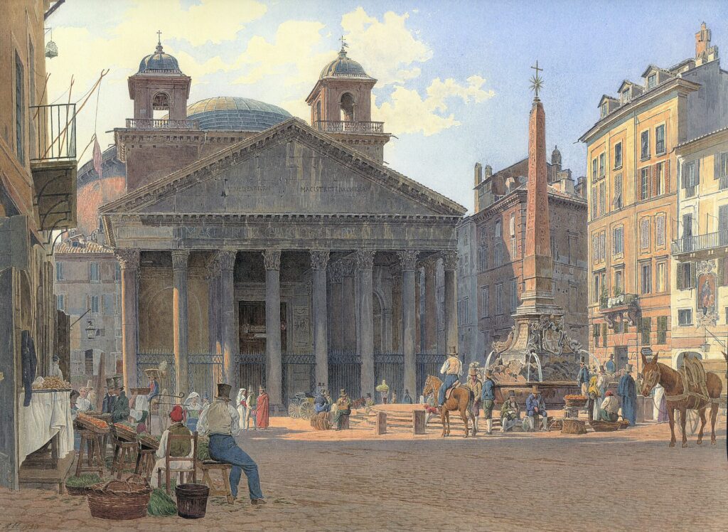 Pintura histórica do Panteão de Roma século XIX mostrando Piazza della Rotonda com Fontana del Pantheon, obelisco egípcio, pessoas em trajes de época, vendedores ambulantes, cavalos e carruagens na vida cotidiana romana