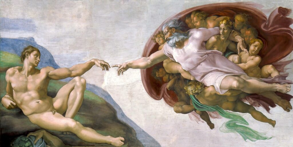 A Criação de Adão, afresco famoso de Michelangelo no teto da Capela Sistina nos Museus do Vaticano, mostrando Deus e Adão com os dedos se tocando