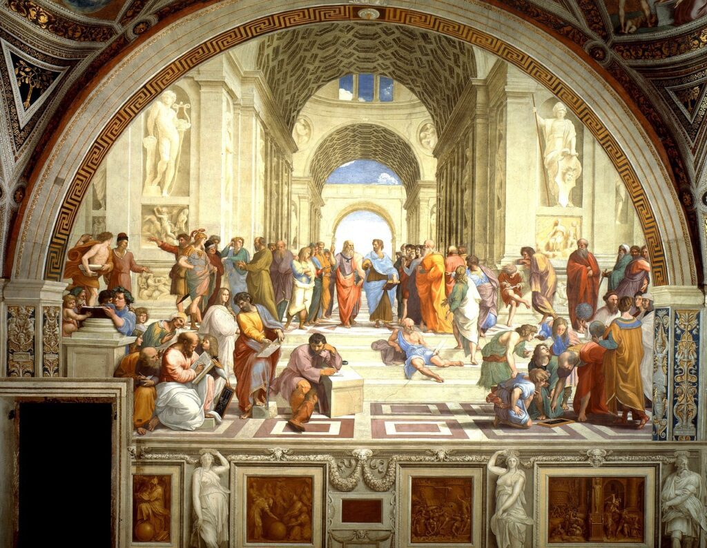 Afresco A Escola de Atenas de Rafael na Stanza della Segnatura dos Museus do Vaticano, com Platão e Aristóteles no centro cercados por filósofos gregos