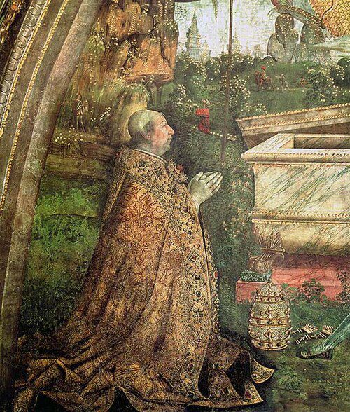 Detalhe de afresco de Fra Angelico na Capela Nicoliniana do Vaticano, mostrando papa ajoelhado em oração com vestes litúrgicas ricamente bordadas