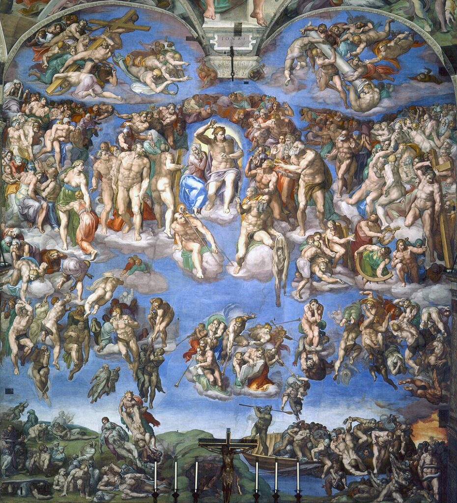 O Juízo Final de Michelangelo na Capela Sistina dos Museus do Vaticano, afresco monumental mostrando Cristo julgando as almas com centenas de figuras