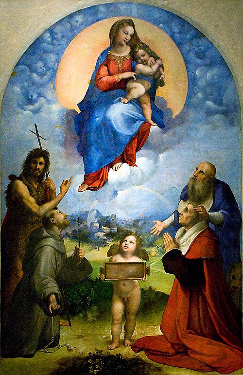Pintura Madonna di Foligno de Rafael Sanzio exposta na Pinacoteca dos Museus do Vaticano, mostrando a Virgem Maria com o Menino Jesus e santos
