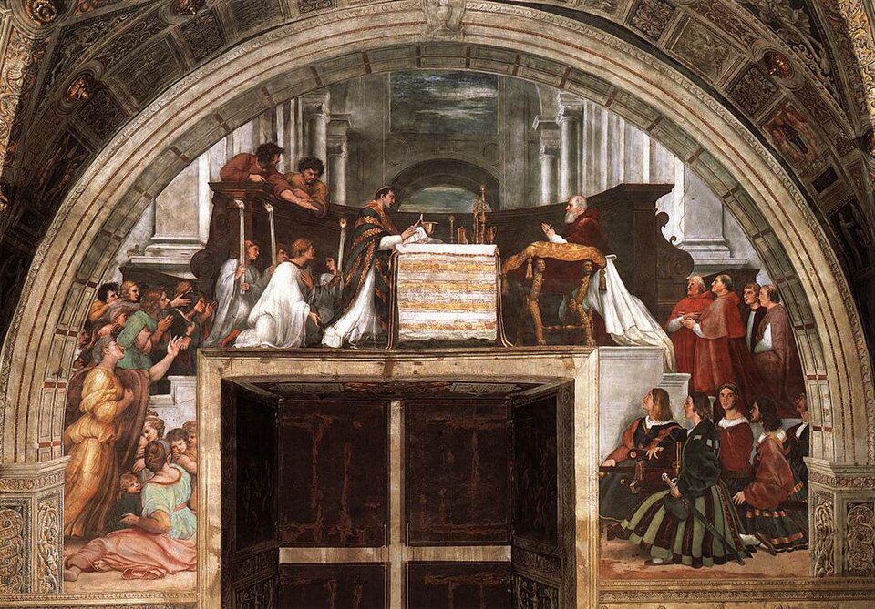 Afresco A Missa de Bolsena de Rafael na Stanza di Eliodoro dos Museus do Vaticano, retratando o milagre eucarístico e o Papa Urbano IV.