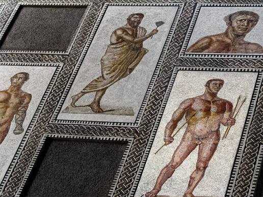 Mosaico romano antigo das Termas de Caracalla com figuras de atletas e personagens, acervo dos Museus do Vaticano