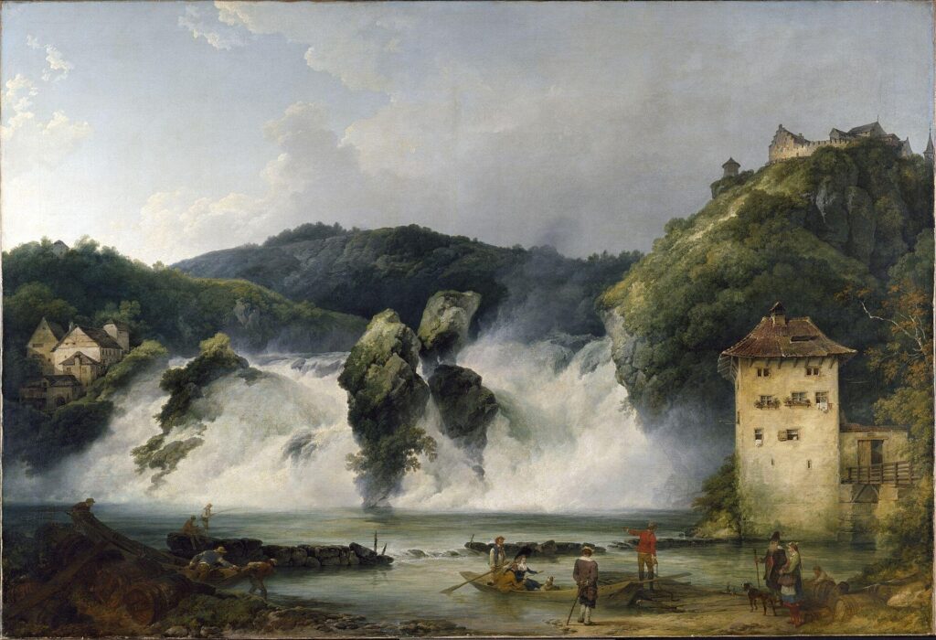 Pintura histórica das Cataratas do Reno século XVIII mostrando cachoeira poderosa com rochas cobertas de vegetação, Castelo de Laufen no topo da colina, torre medieval à direita, pessoas em barcos e margem do rio em estilo romântico