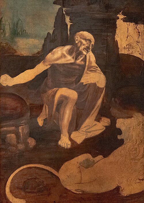 São Jerônimo no Deserto, pintura inacabada de Leonardo da Vinci na Pinacoteca dos Museus do Vaticano, mostrando o santo com um leão