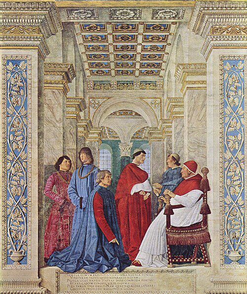 Afresco de Melozzo da Forlì mostrando Papa Sisto IV nomeando Bartolomeo Platina como prefeito da Biblioteca Vaticana, com figuras em trajes renascentistas em cenário arquitetônico