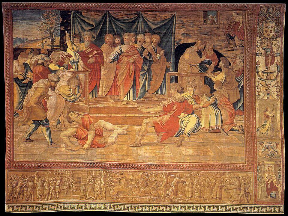 Tapeçaria de Rafael retratando a cura do paralítico por São Pedro, baseada em desenho de Rafael Sanzio, acervo dos Museus do Vaticano