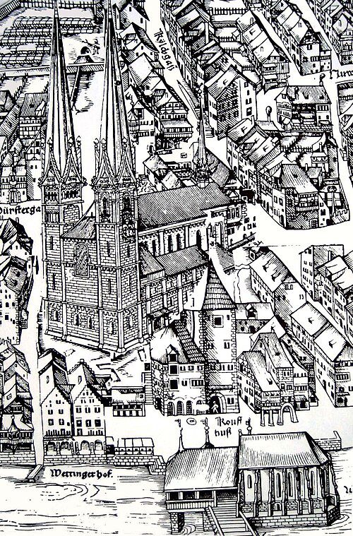 Gravura histórica antiga de Zurique Suíça mostrando catedral gótica com torres agudas, edifícios medievais ao redor, rio Limmat com cais Wenngarhof e casas tradicionais em estilo xilogravura renascentista