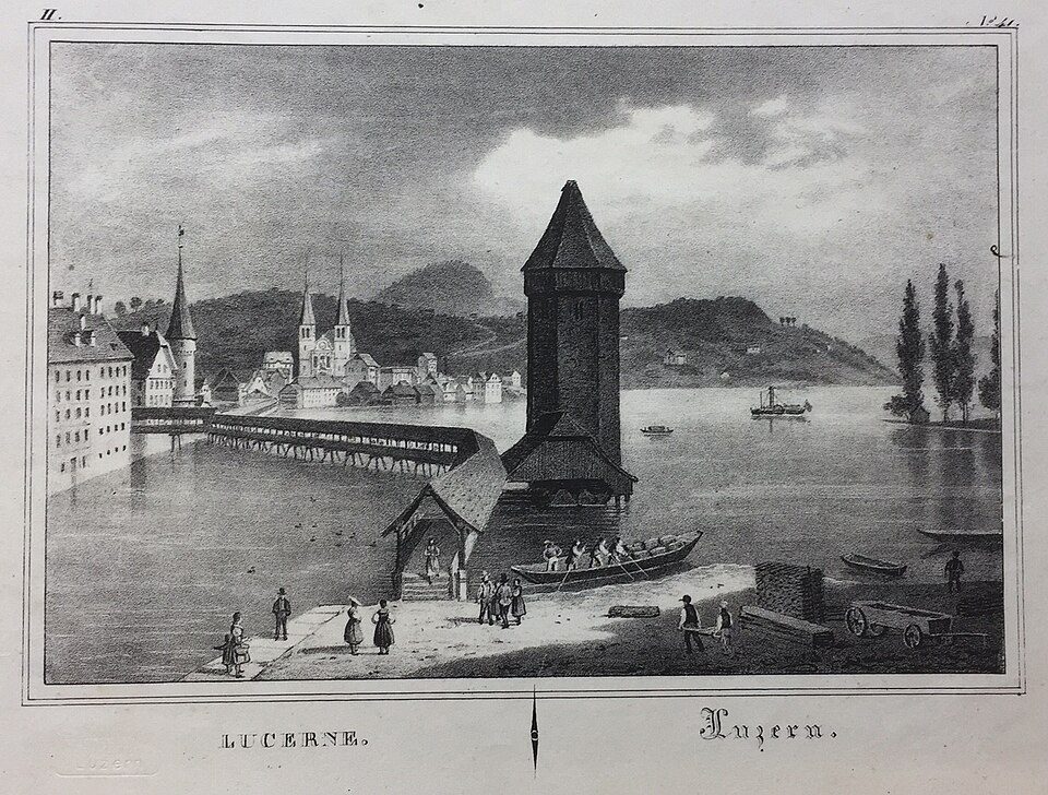 Gravura histórica legendada "Luzern/Lucerne": a Wasserturm e a Kapellbrücke sobre o lago, barcos a remo com passageiros, um barco a vapor ao fundo e as torres da Hofkirche, com figuras em trajes de época